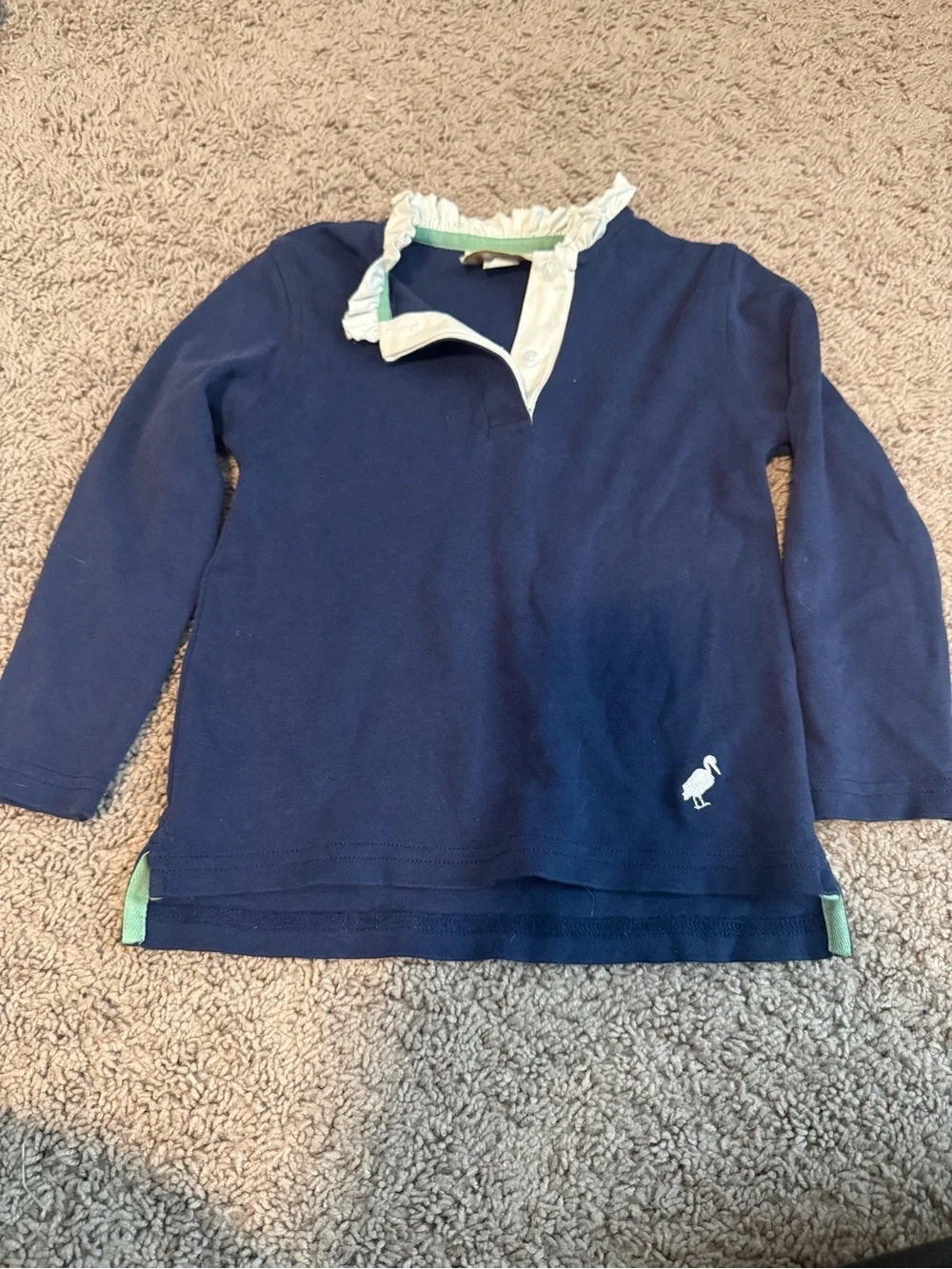 The Beaufort Bonnet Company Navy Long-Sleeve Ruffle Collar Top with Mint Trim